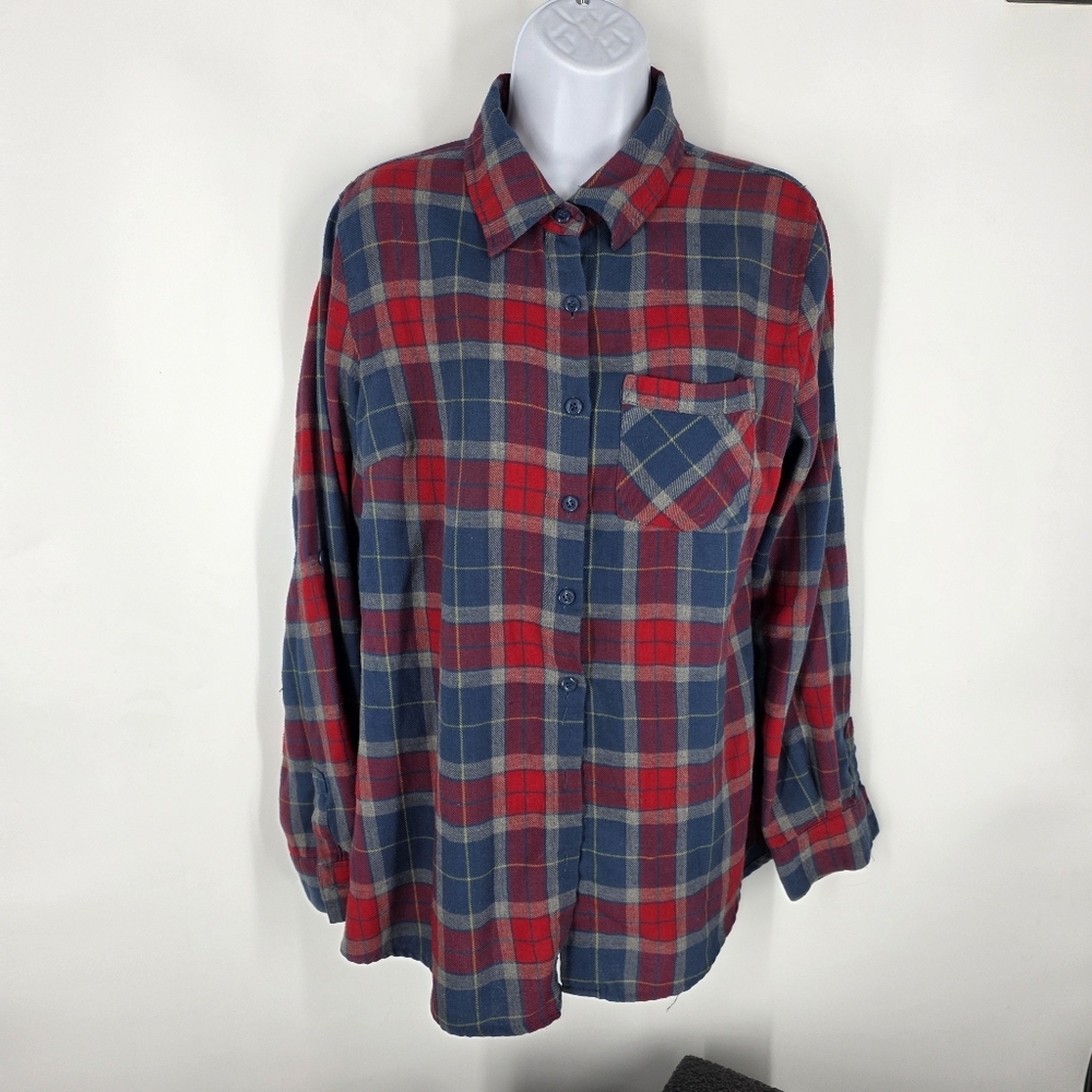 Twenty One Plaid Flannel Shirt Mens M Red Blue Grey Long Sleeve Button Up Pocket
